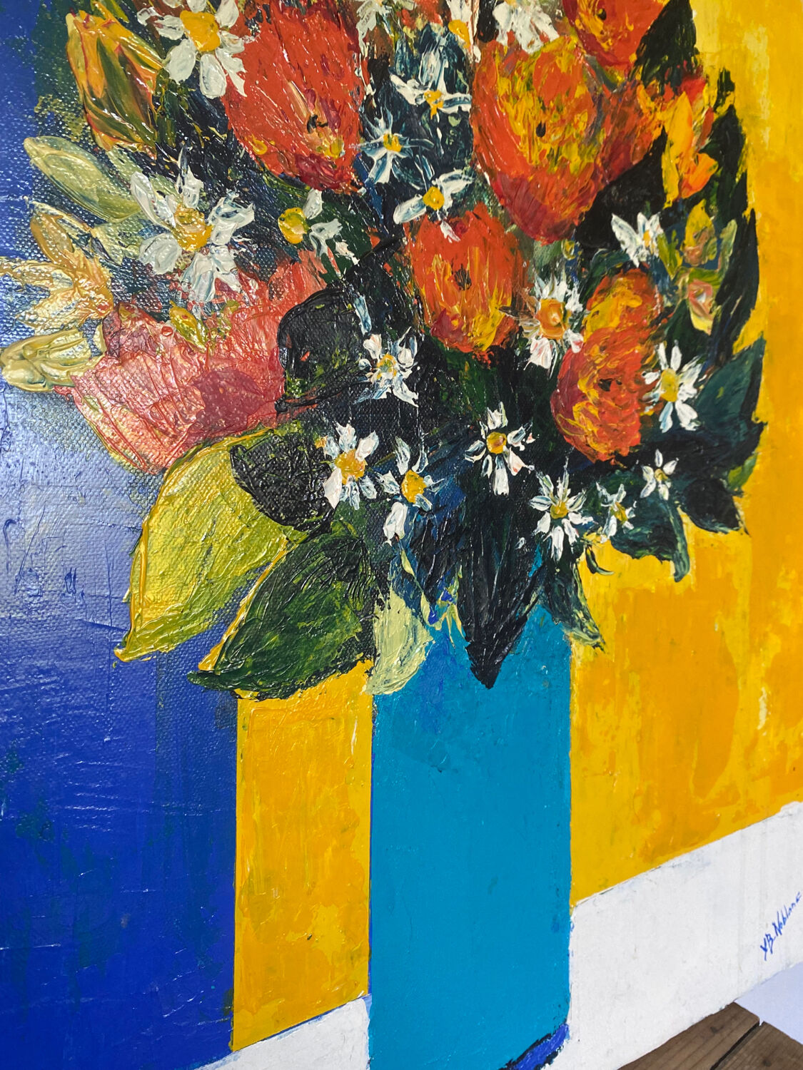 Painting colorful bouquet of flowers signed modernist canvas
