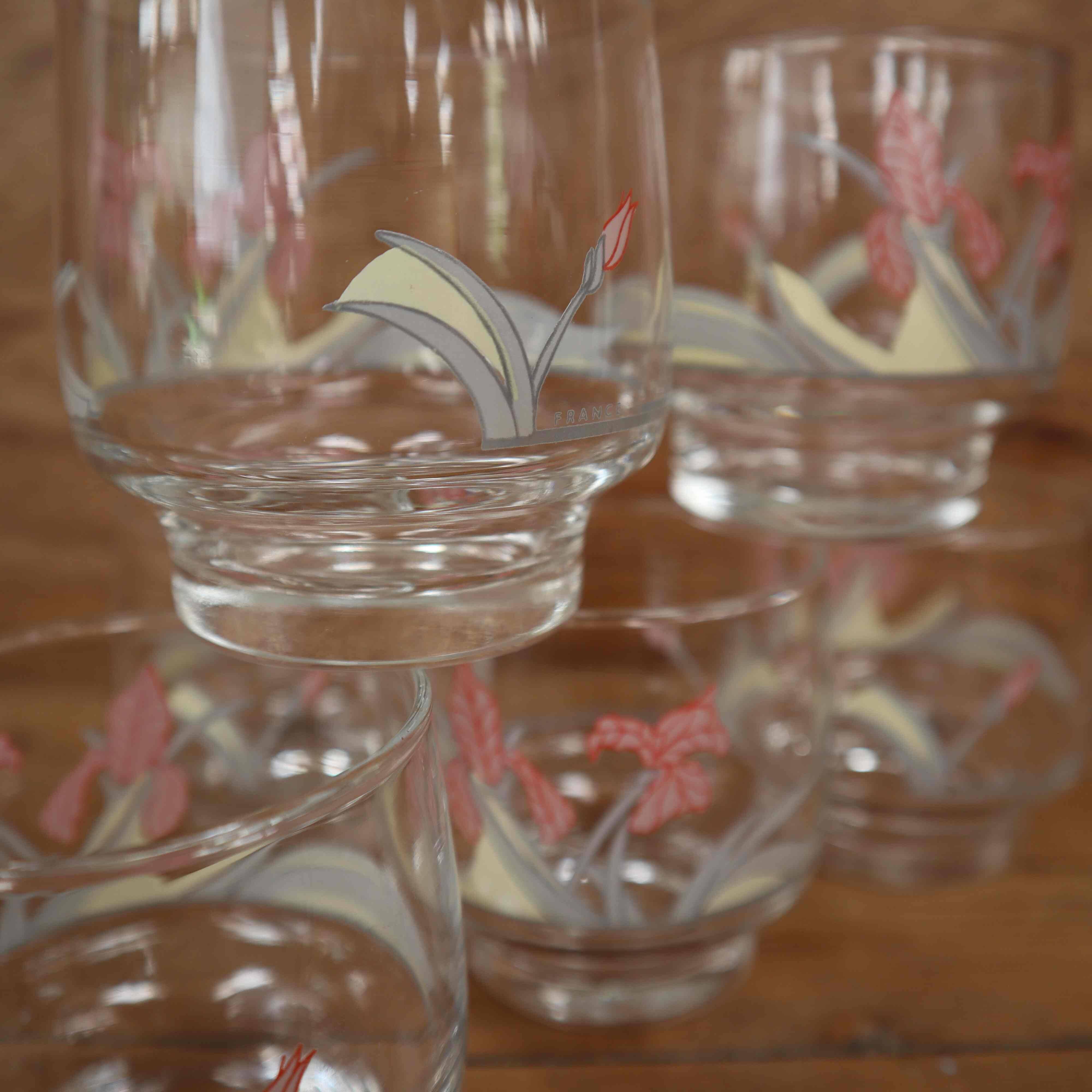 6 Verres transparent décors fleuris Luminarc vintage