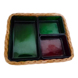 Set with appetizers, wicker tray and 3 colored glass ramekins