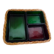 Set with appetizers, wicker tray and 3 colored glass ramekins