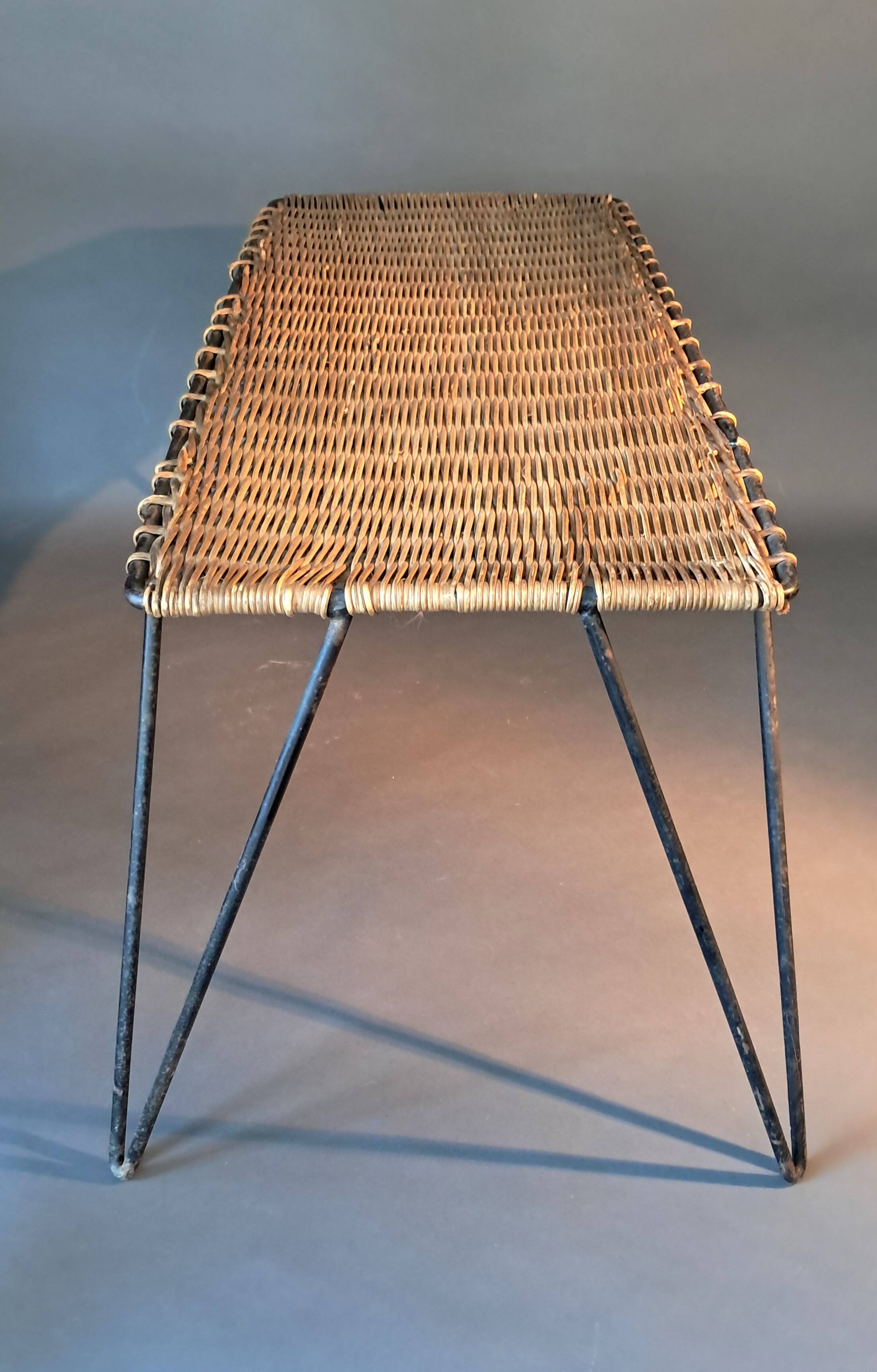 Vintage Raoul Guys coffee table in wicker and black metal, 1960.