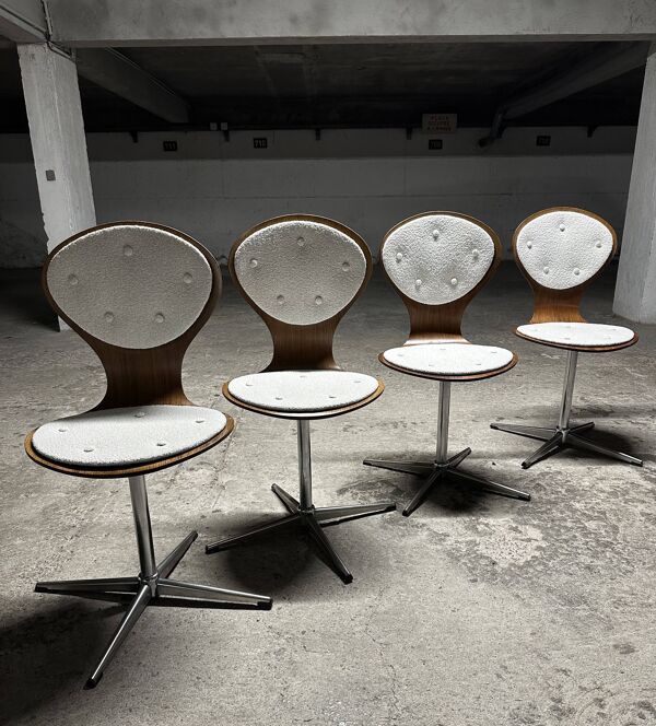 Suite de 4 chaises vintage bois cintré et palissandre. Allemagne, années 60