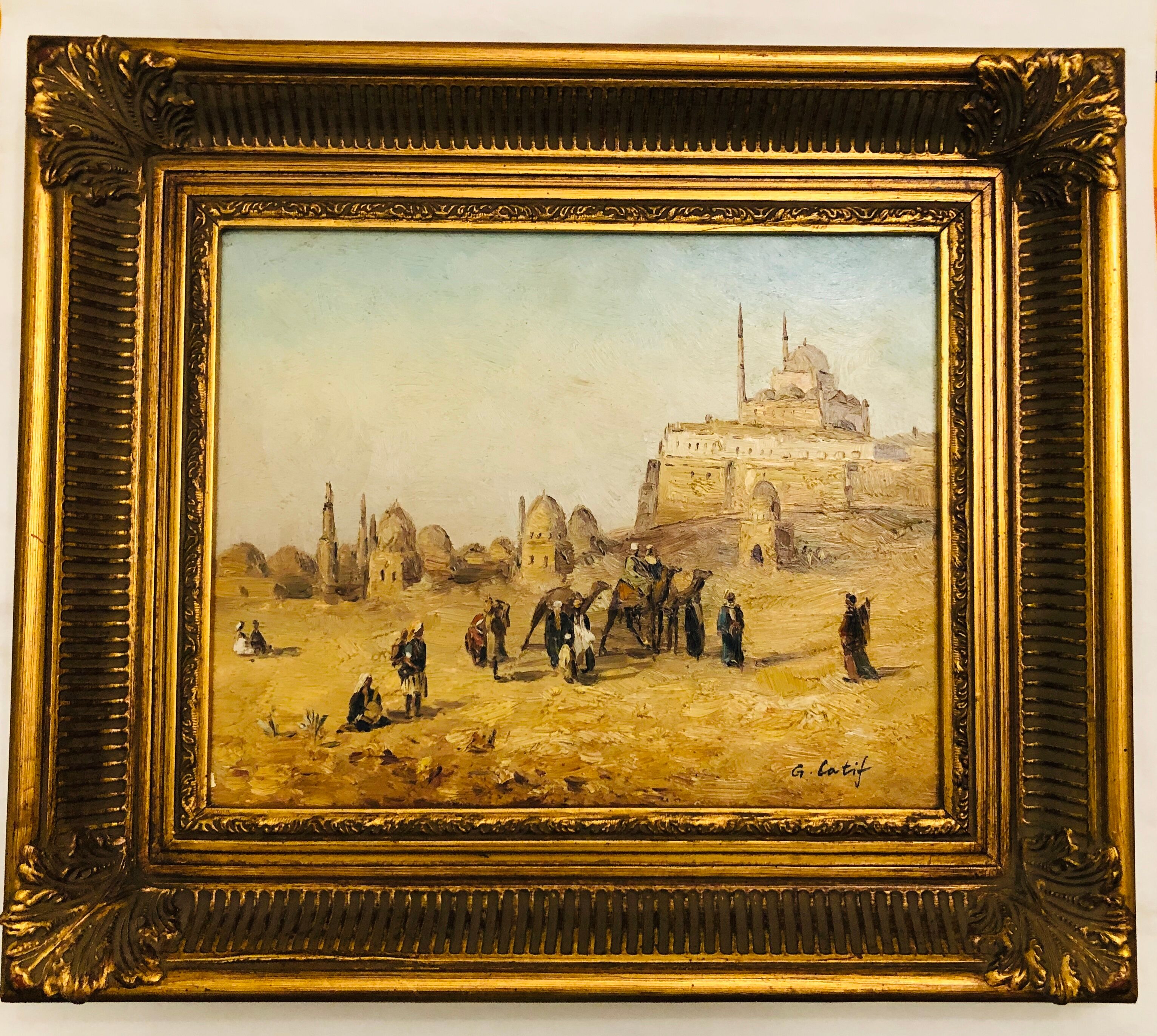 Oil on orientalist canvas camel market scene