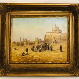 Oil on orientalist canvas camel market scene
