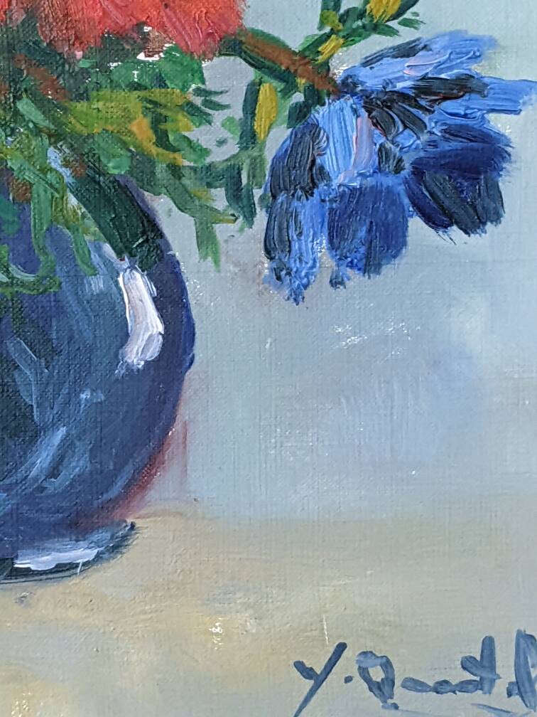 Acrylic painting on canvas, still life, anemones, bohemian countryside