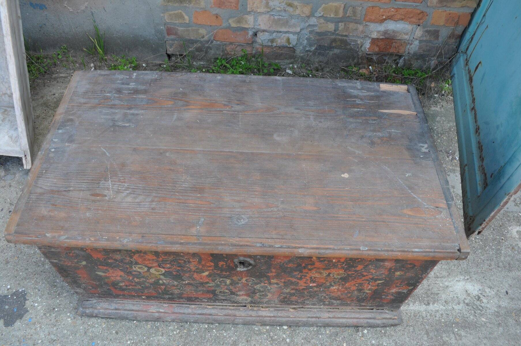 Antique wooden chest painted in multicolour with floral decoration — solid pine
