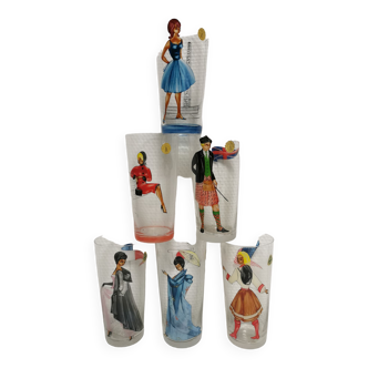 6 glasses vintage enamelled decoration. pattern woman country 50s. villeroy & boch saar