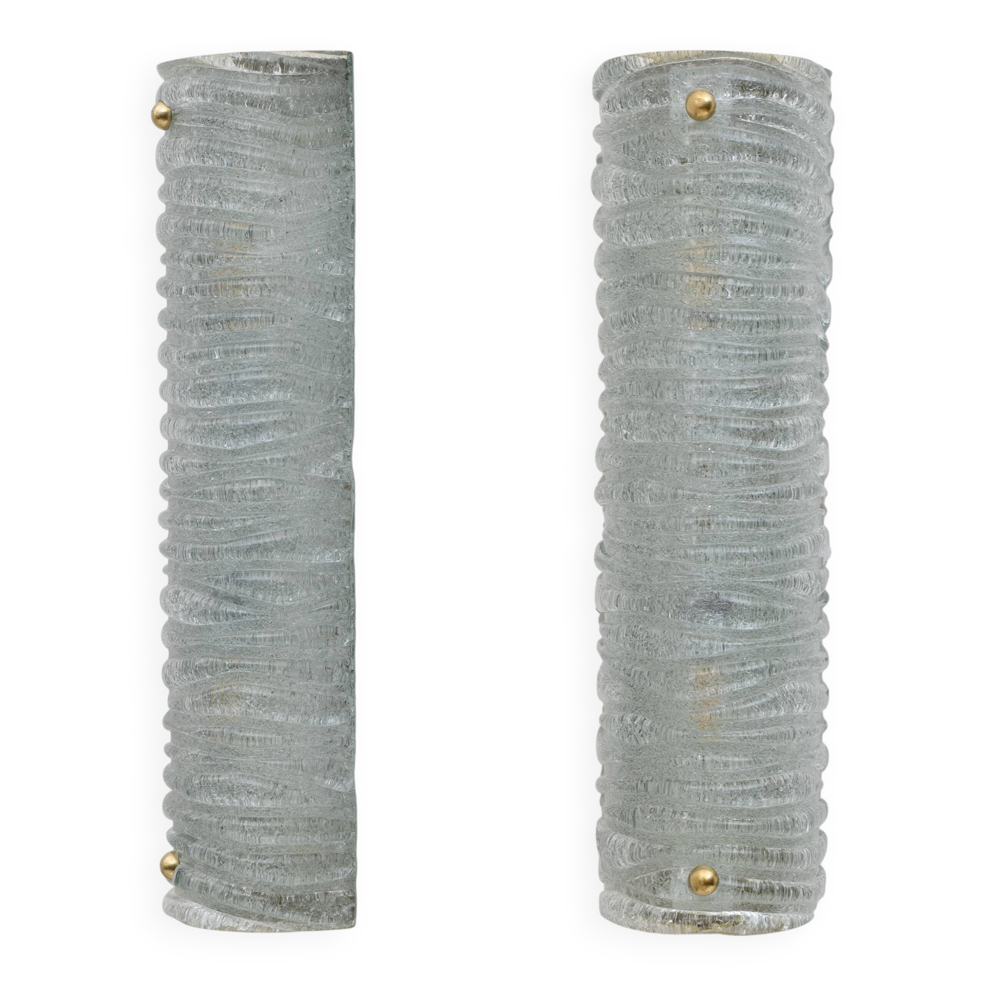 Pair of Barovier & Toso Art Deco Brass and Aquamarine Murano Glass Sconces