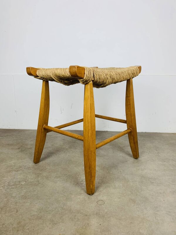 Tabouret taureau paille et bois, design Suisse, années 50