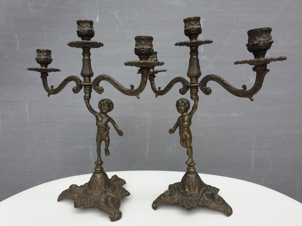 "Il mio bel foco" pair of candlesticks XIXth cherubs 3 torchieres