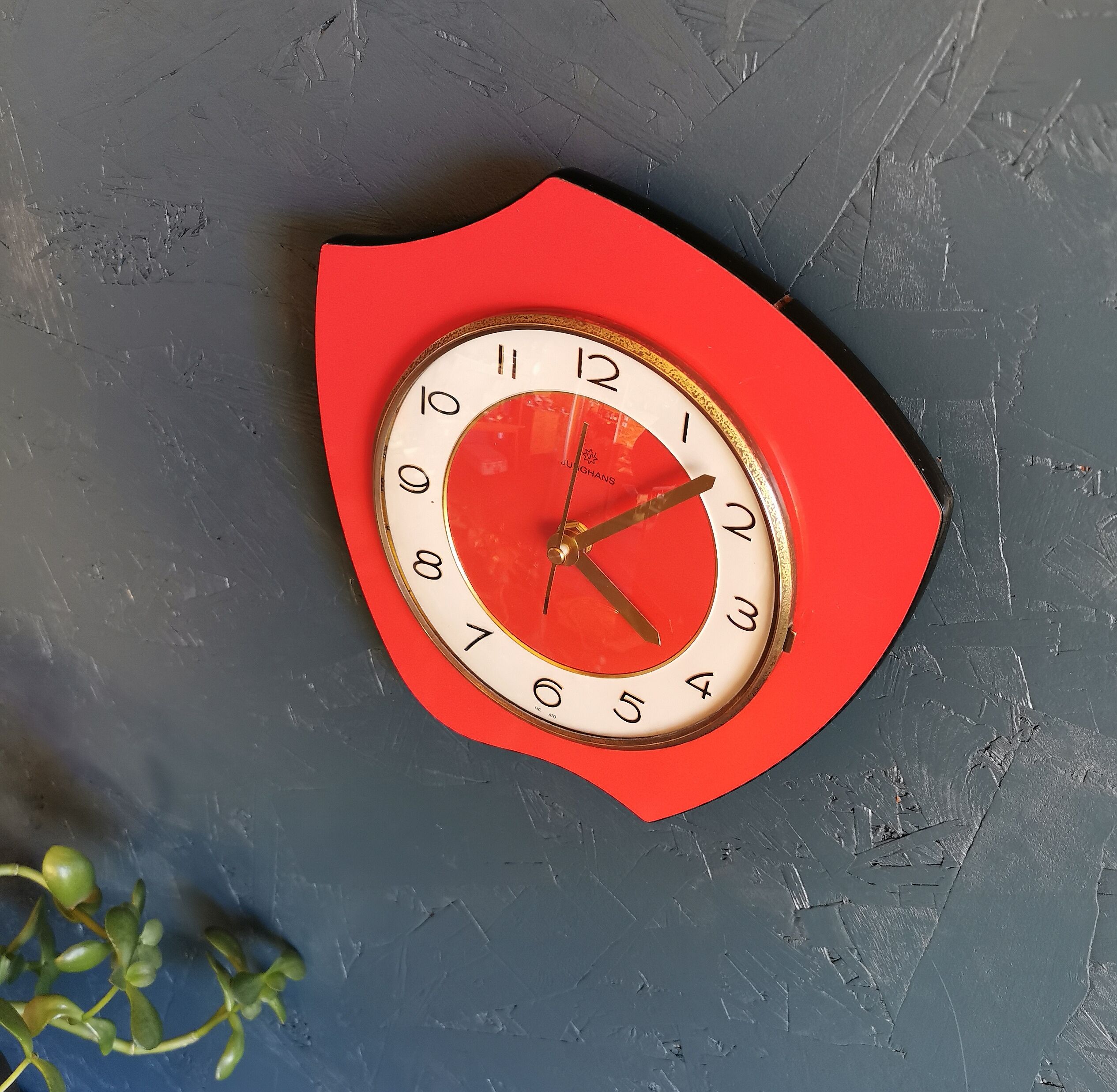 Vintage formica clock asymmetrical silent wall clock "Red Junghans"