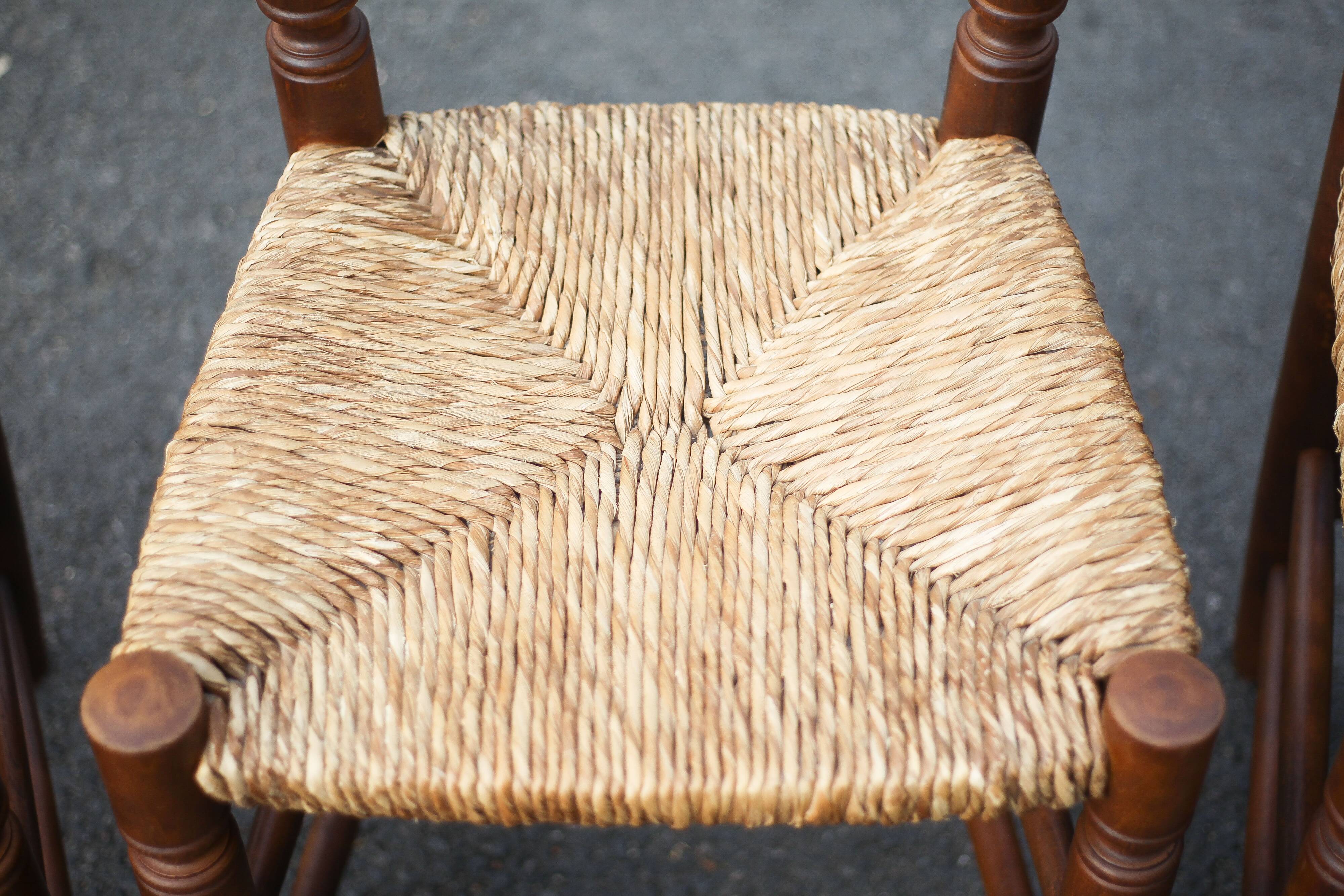 Set of 5 vintage wooden and straw chairs, straw chair, countryside
