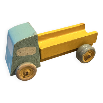 Camion plateau jaune/gris en bois, jouet ancien