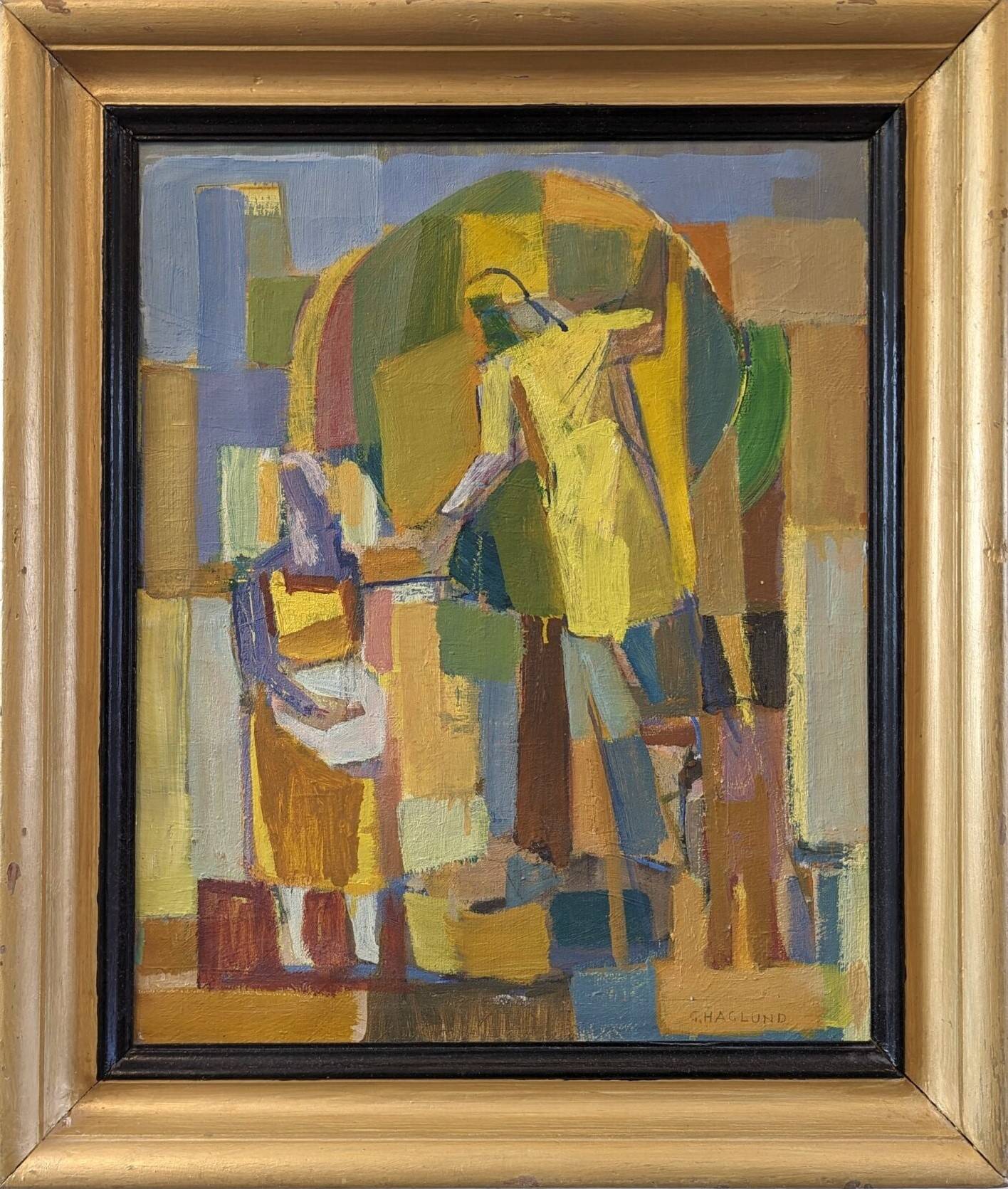 Mid-Century Modern Swedish "The Fruit Tree Pickers" Vintage Oil Painting, Framed