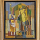 Mid-Century Modern Swedish "The Fruit Tree Pickers" Vintage Oil Painting, Framed
