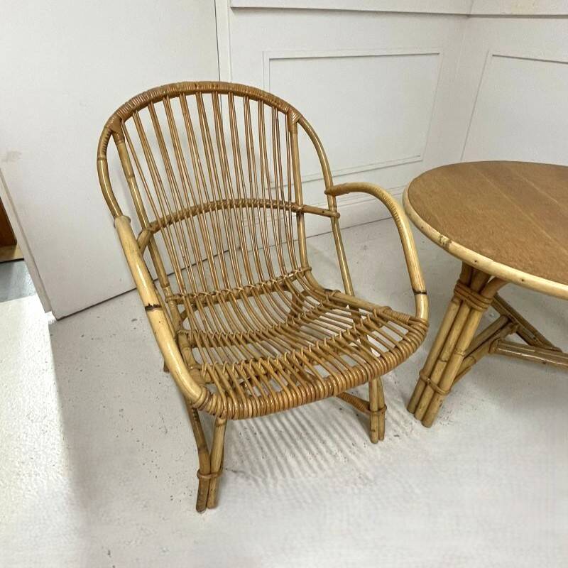 Audoux-Minnet rattan lounge set, 2 armchairs and table 1950-1960
