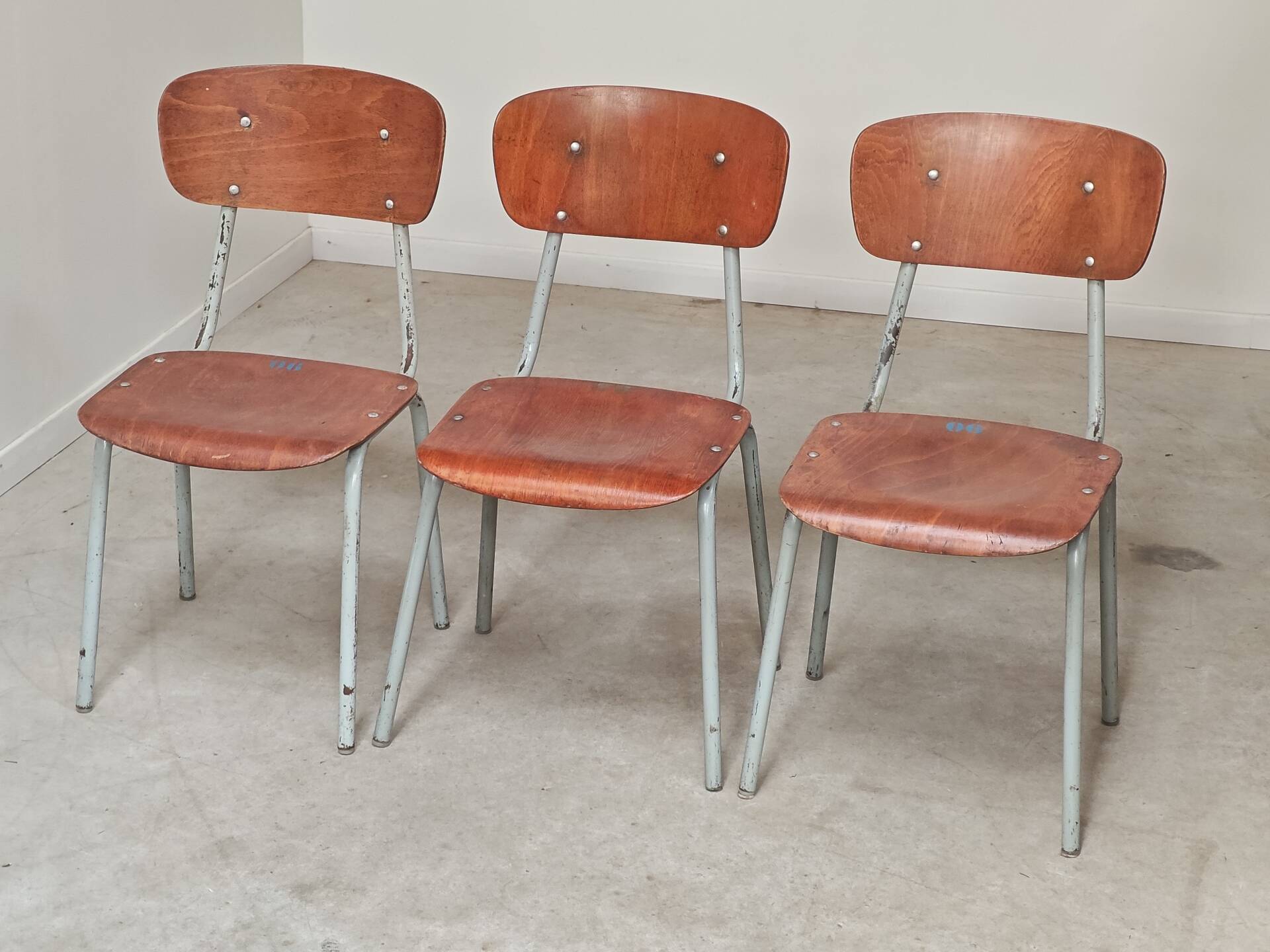 Set of 3 Czech school chairs in metal and wood.