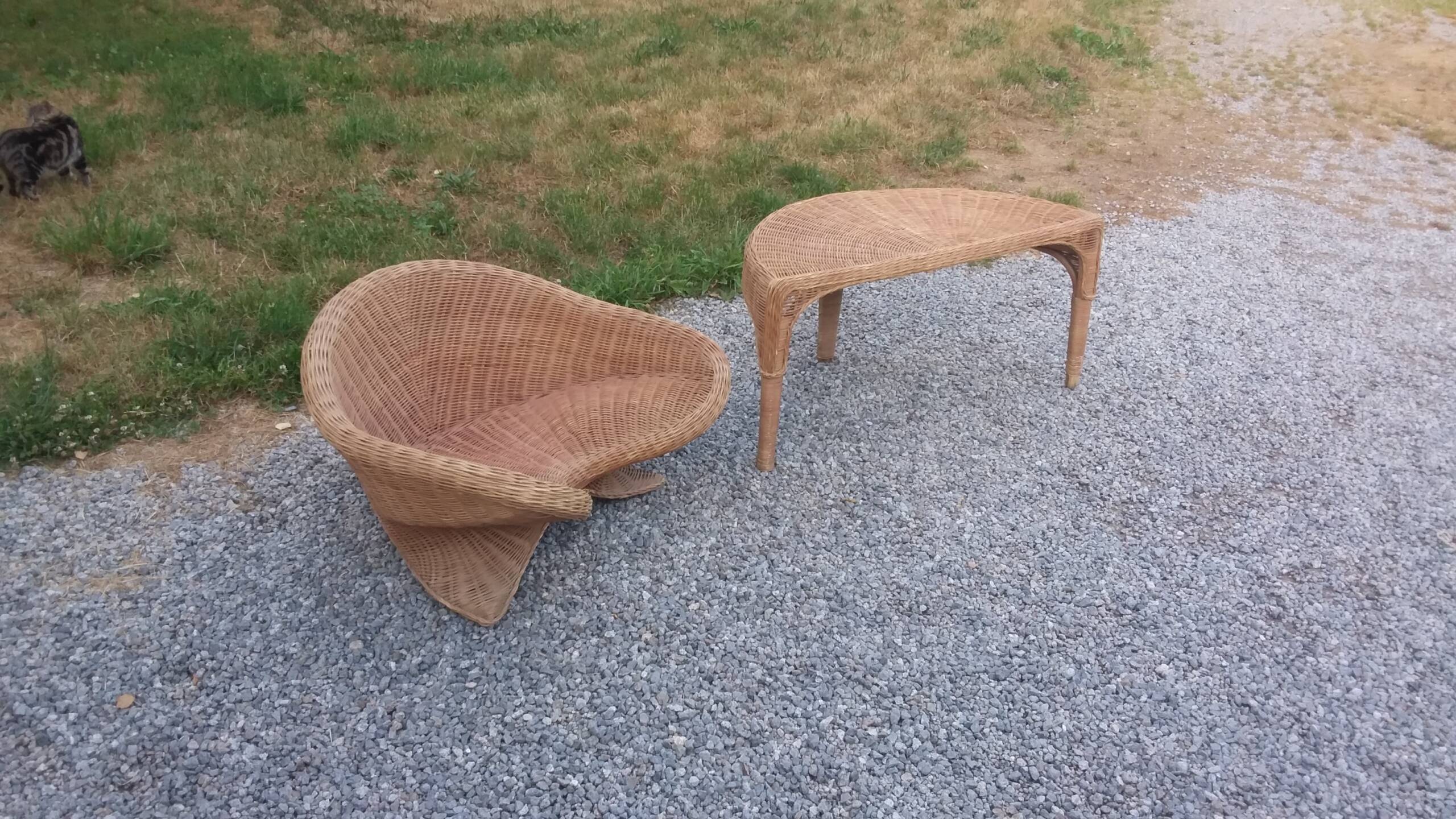 Rattan armchair and rattan coffee table from the 70s