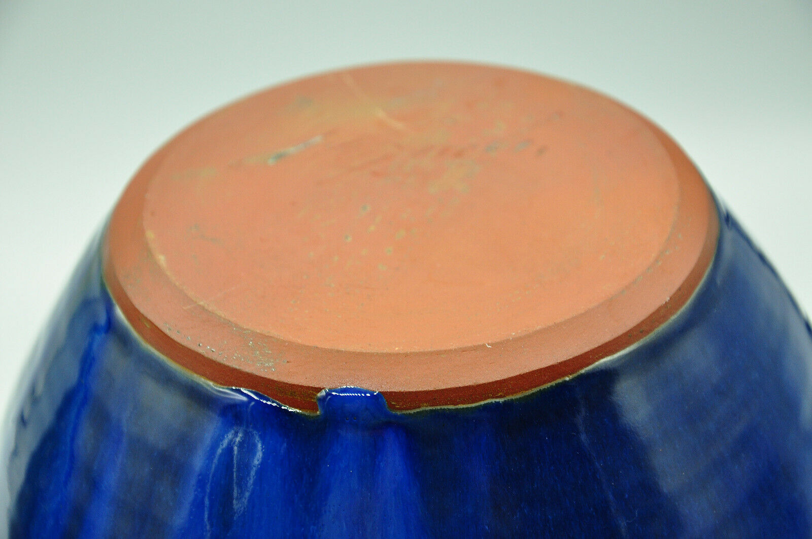 Blue enamelled terracotta vase signed to identify contemporary design collection