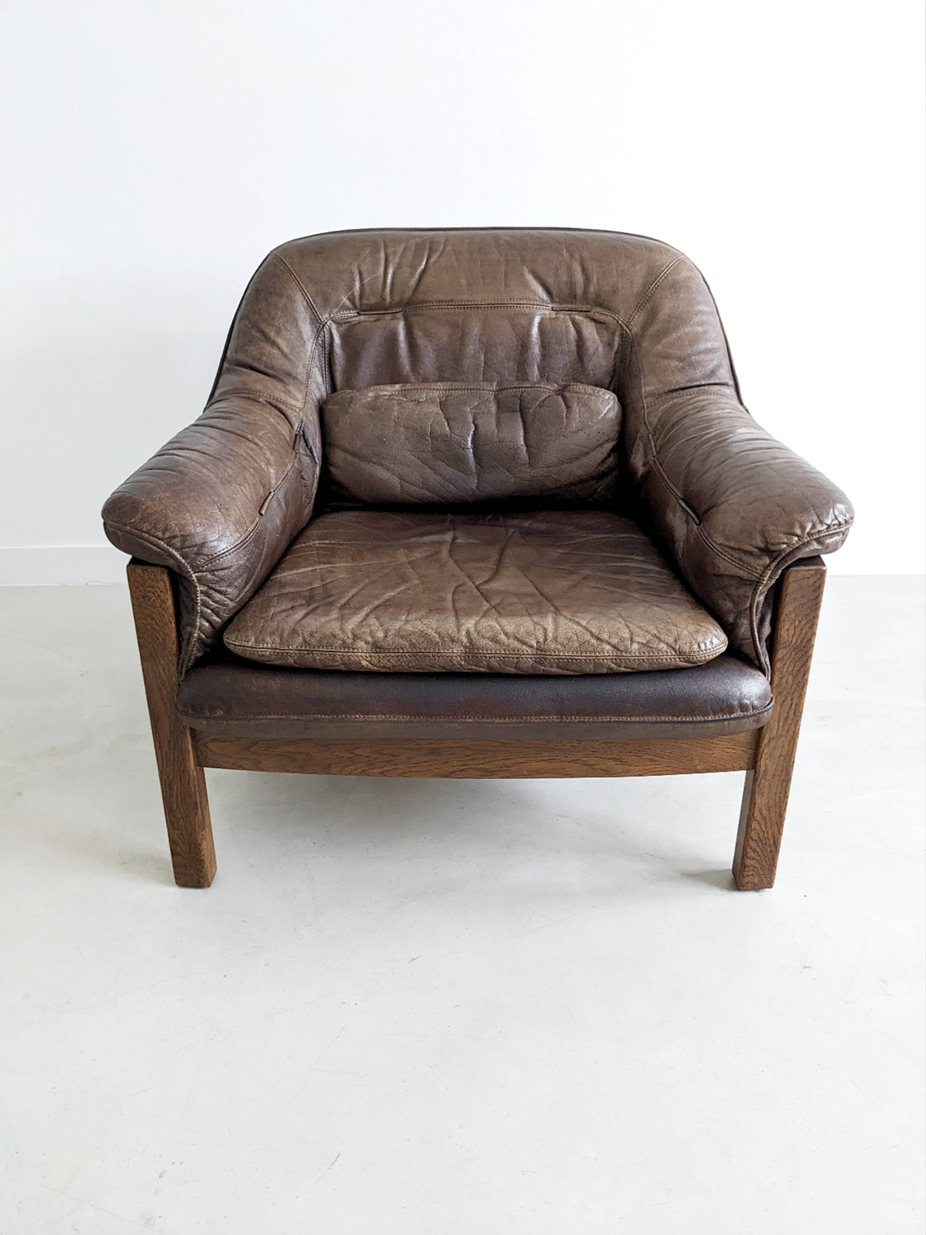 Brutalist Set of Leather Sofa & Loungechair by Hain & Thome 1970's