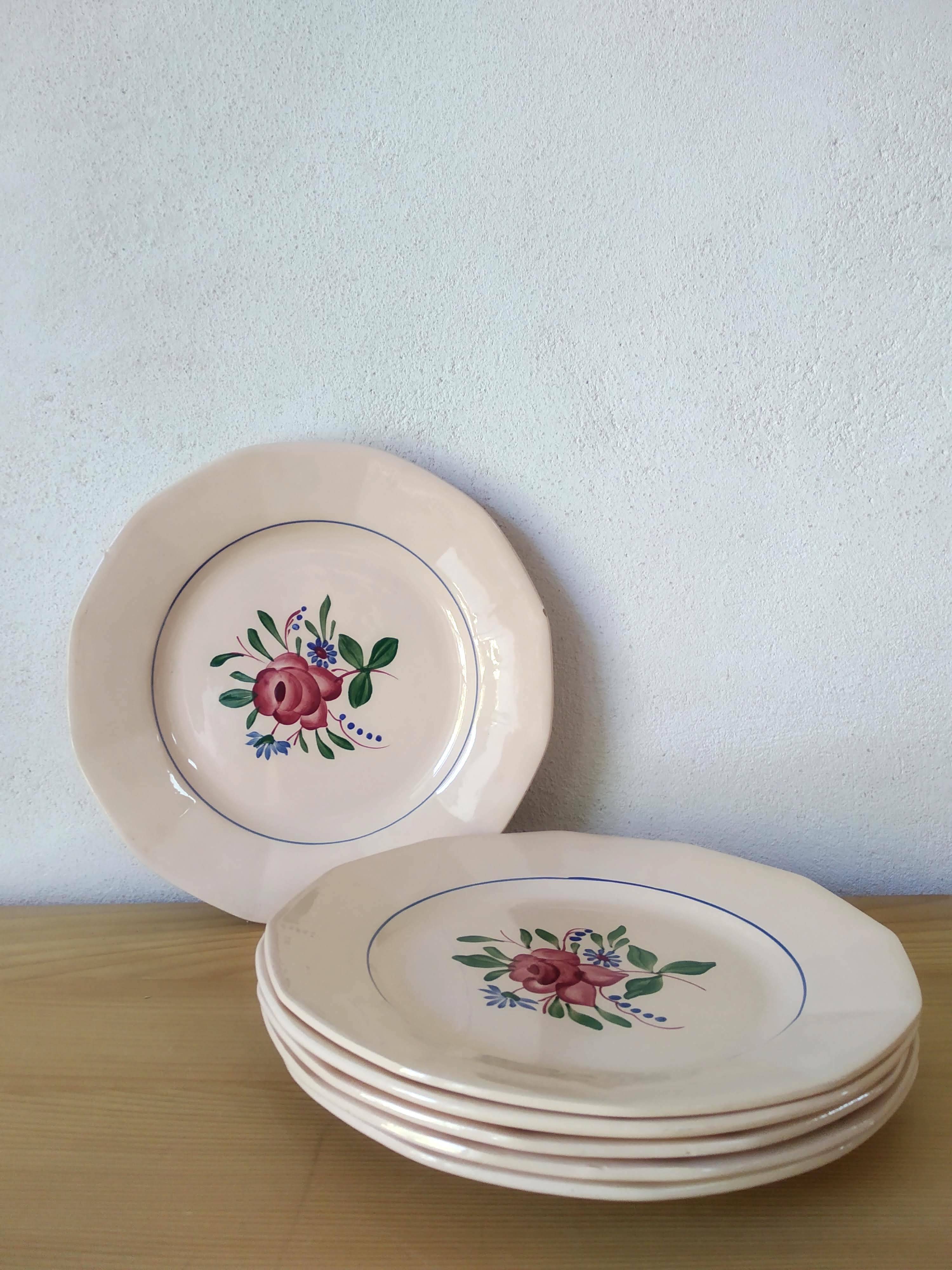 6 Digoin Hand-Painted Flower Plates