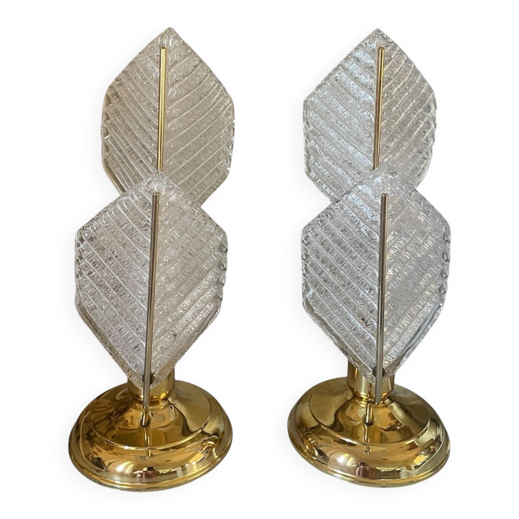 Paire de lampes métal doré et verre texturé, Mirasluz, 70’s