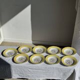 Set of 9 large vintage yellow deep plates with pink flowers and a gold rim.