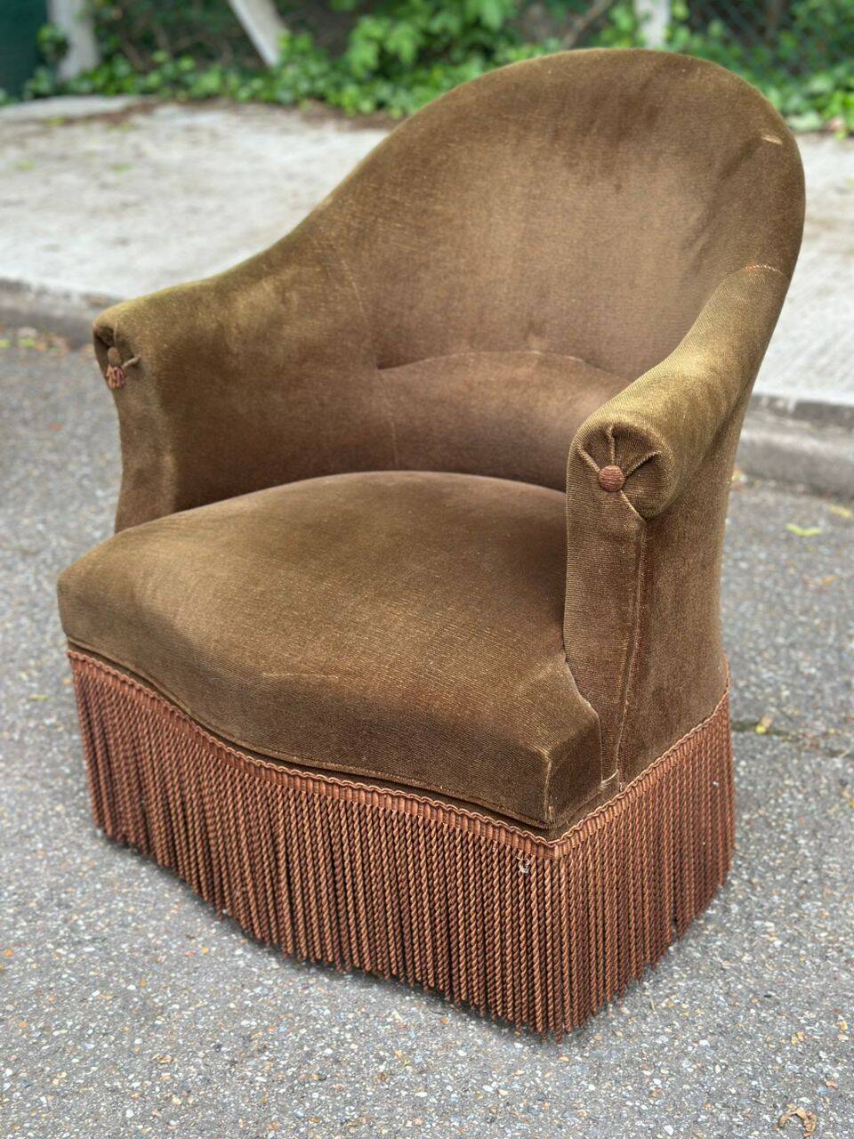Olive bronze velvet armchair from the 1940s.