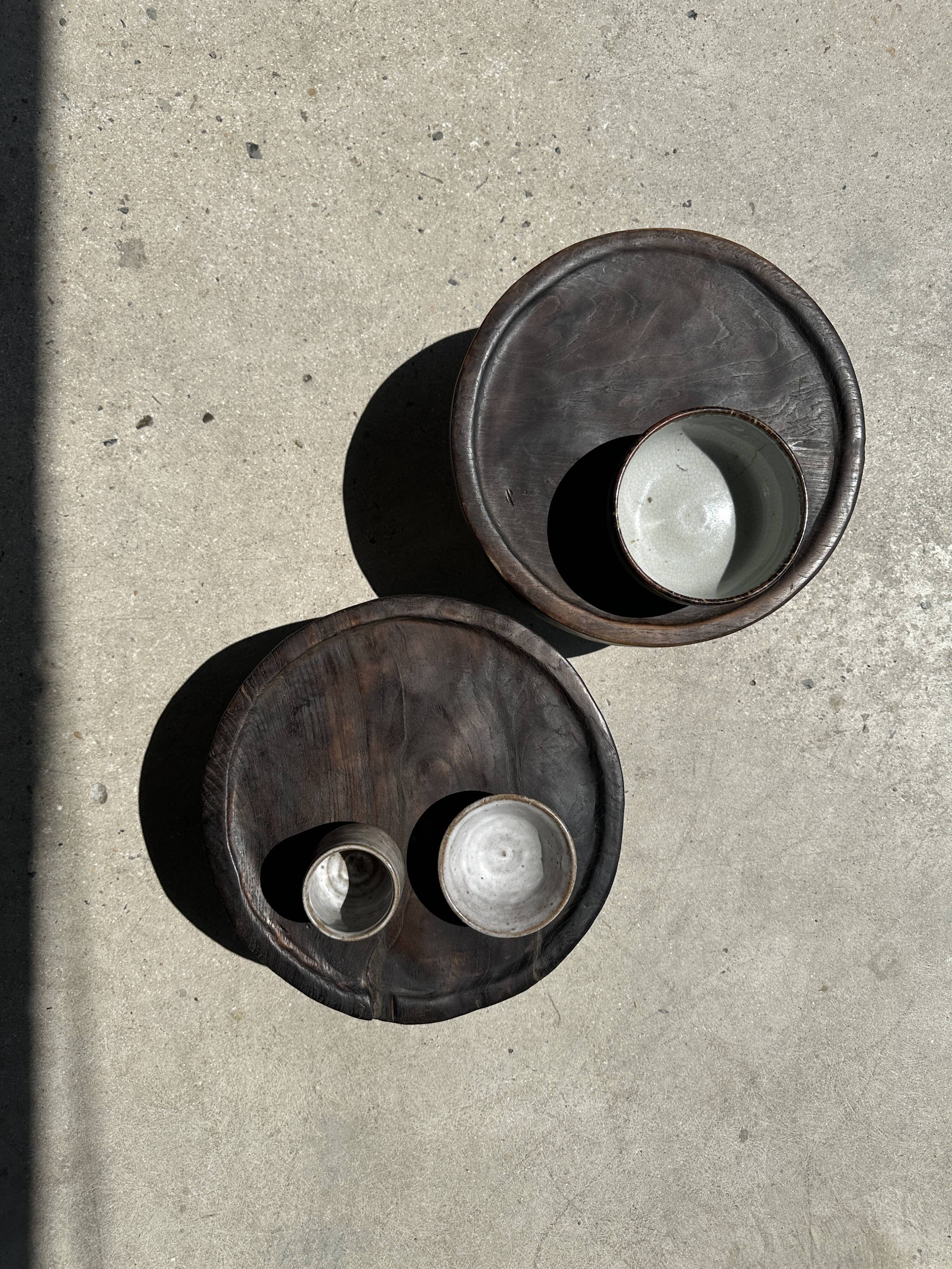 Small tripod stool low in dark brown upcycled teak