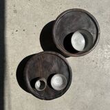 Small tripod stool low in dark brown upcycled teak