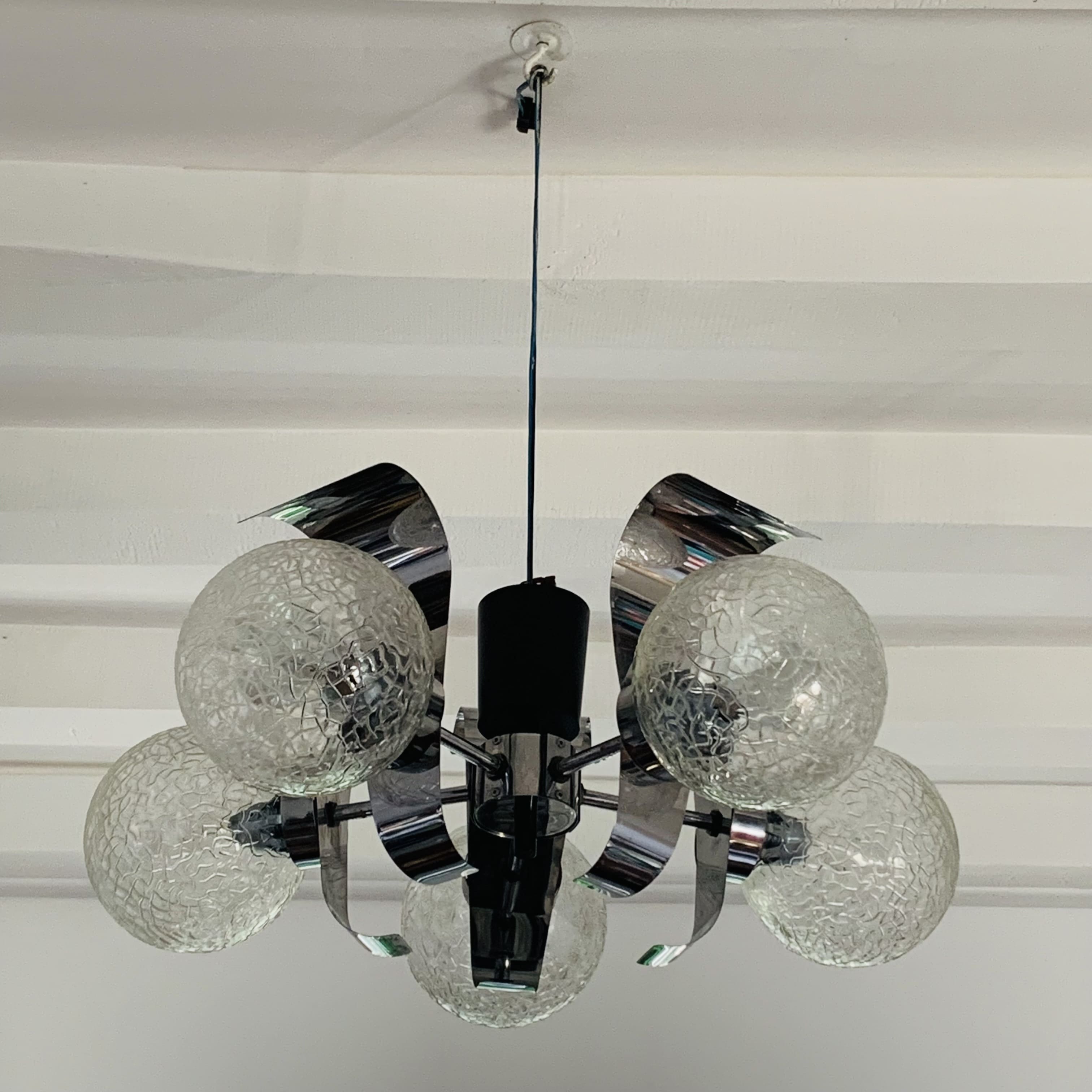 Vintage suspension 5 lights, glass and chrome