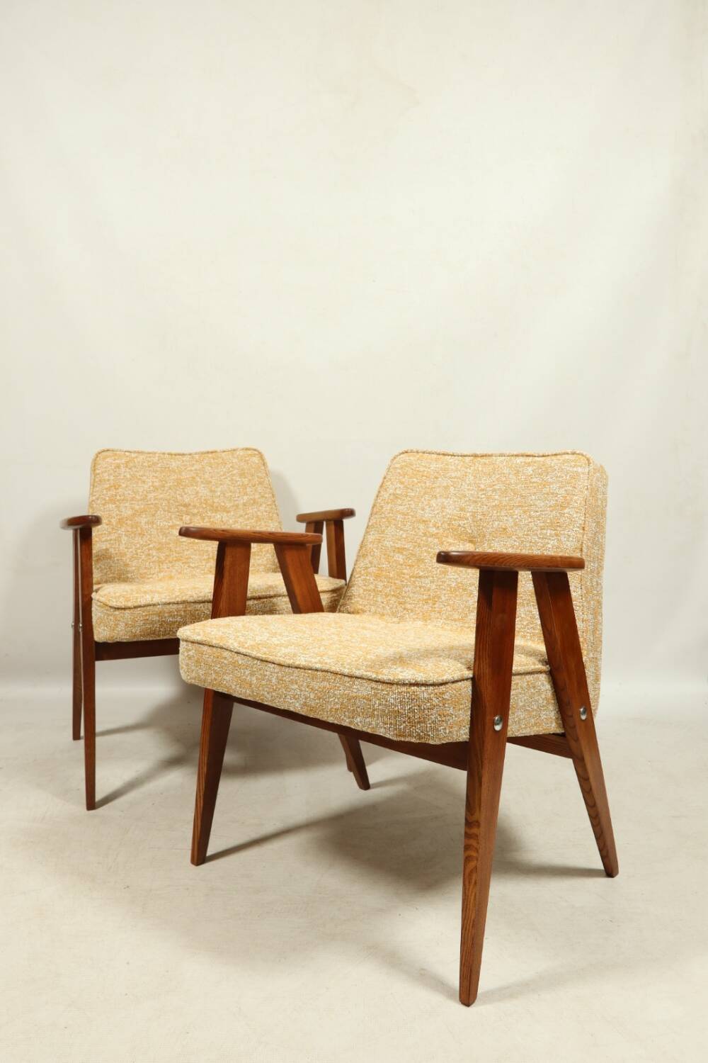 Vintage armchair oak wood yellow melange 1962 design by Chierowski renovated