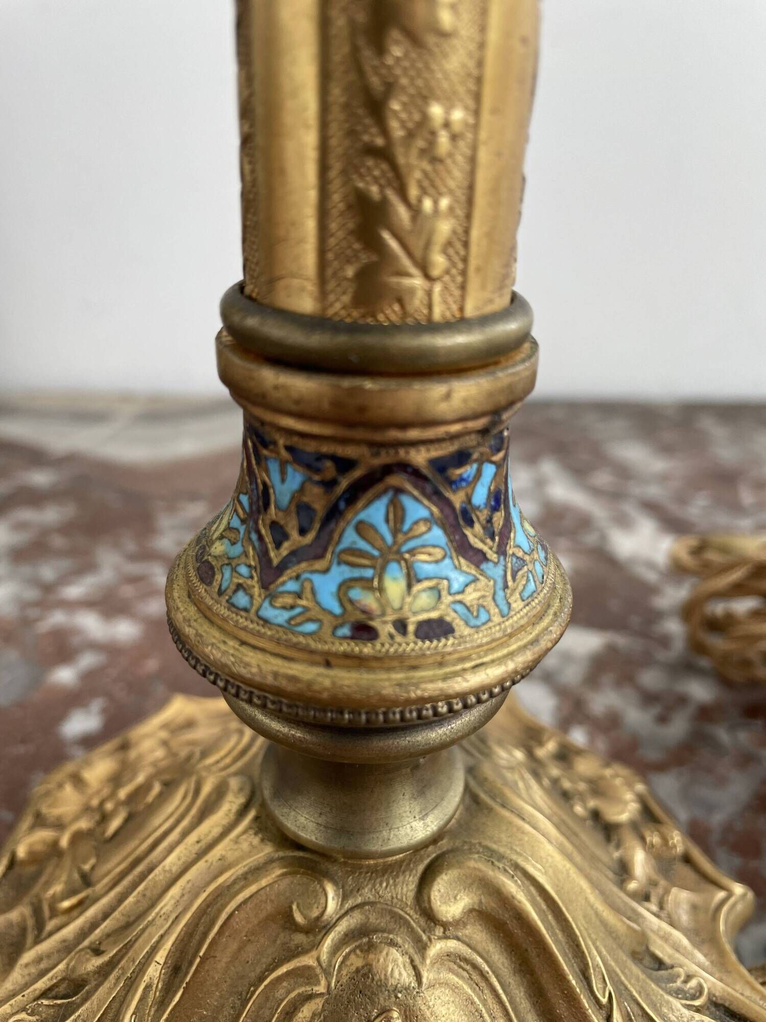 Antique, lamp, bronze, candle holder, gold, cloisonné enamel, ecru white lampshade, flower decor, leaf
