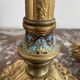 Antique, lamp, bronze, candle holder, gold, cloisonné enamel, ecru white lampshade, flower decor, leaf