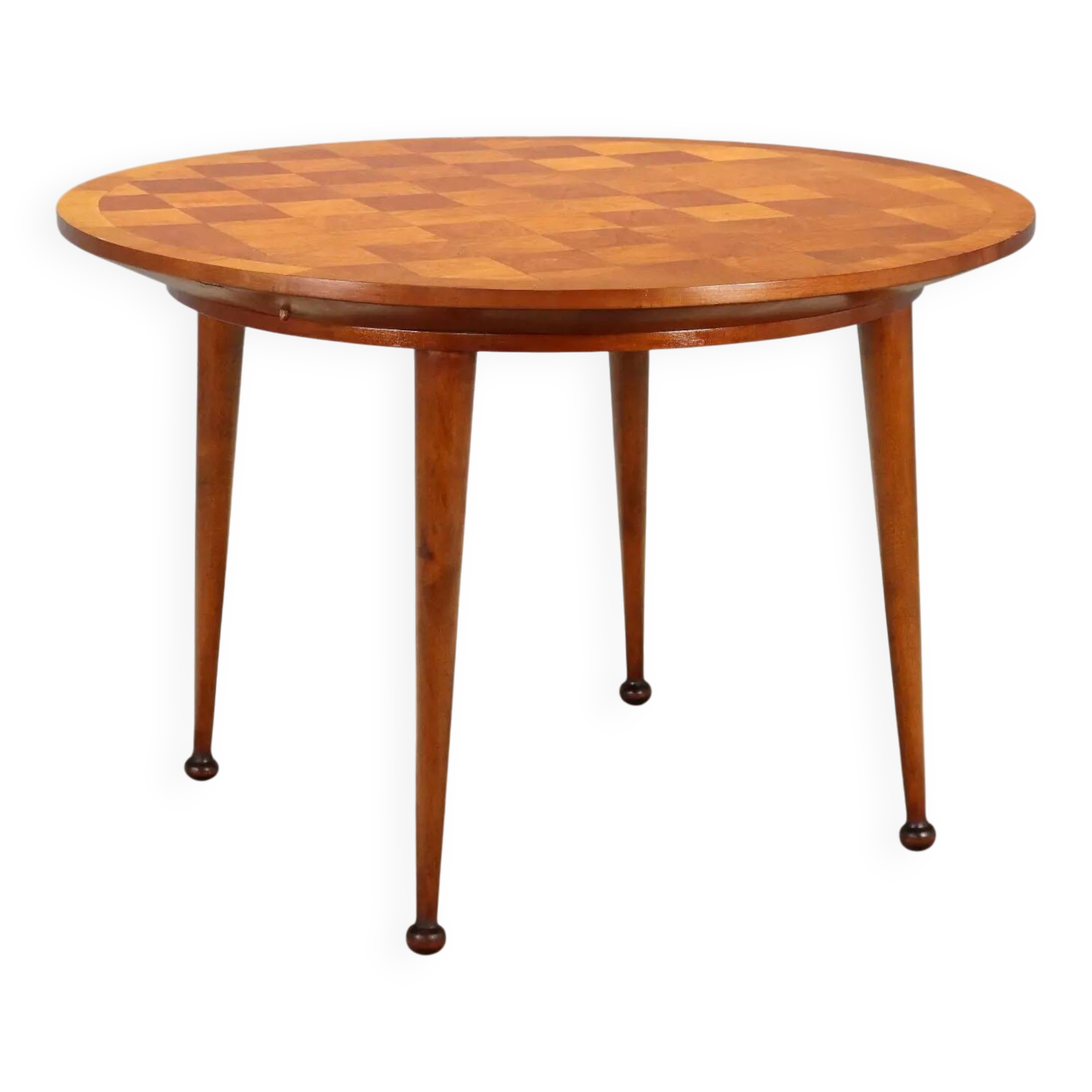 Vintage beech veneer table, checkerboard effect, Italian design from the 1950s.