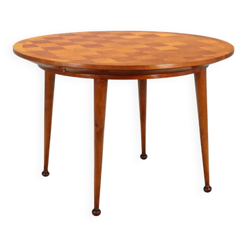 Vintage beech veneer table, checkerboard effect, Italian design from the 1950s.