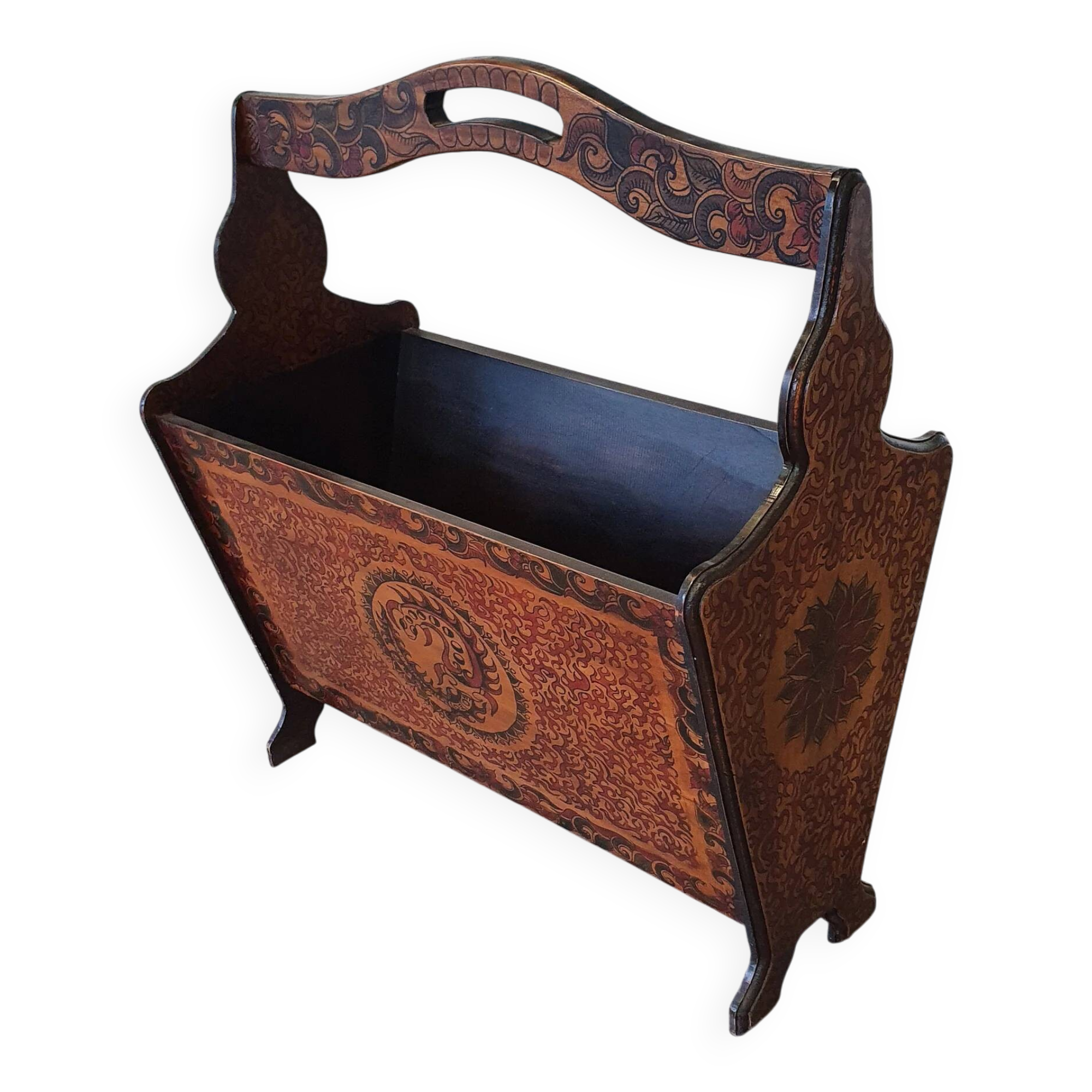 Hand paint decorated magazine holder 1960s