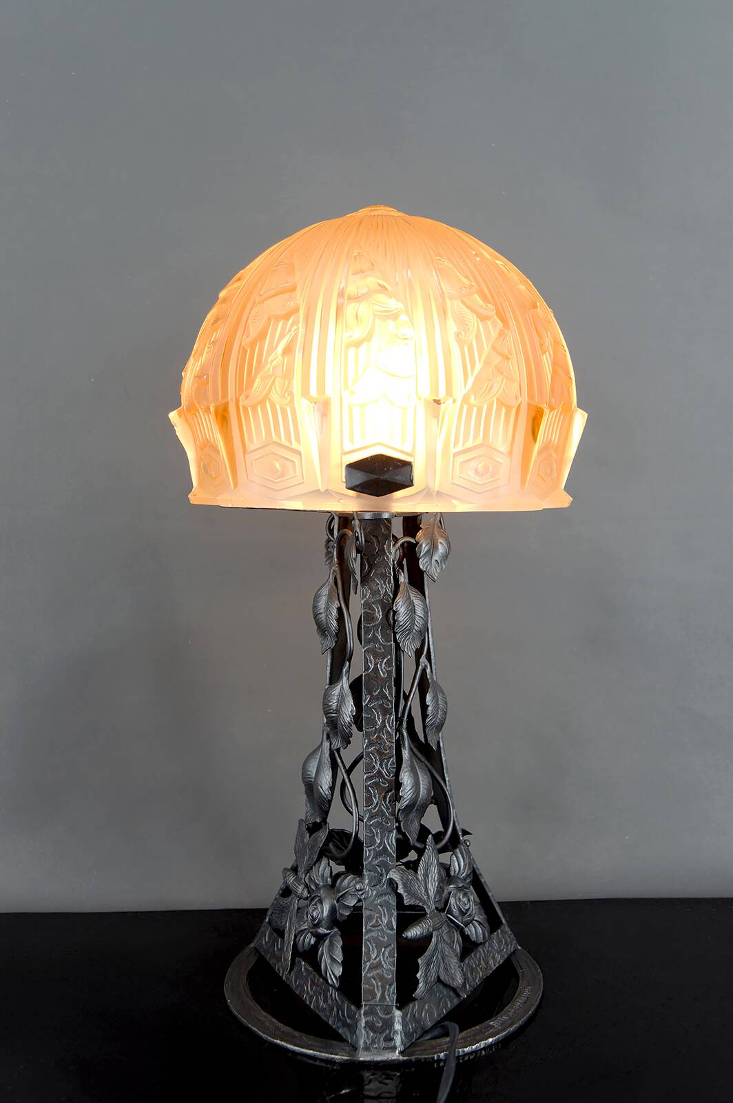 Important Art Deco Wrought Iron Lamp, by Bartelemie, France, Circa 1925