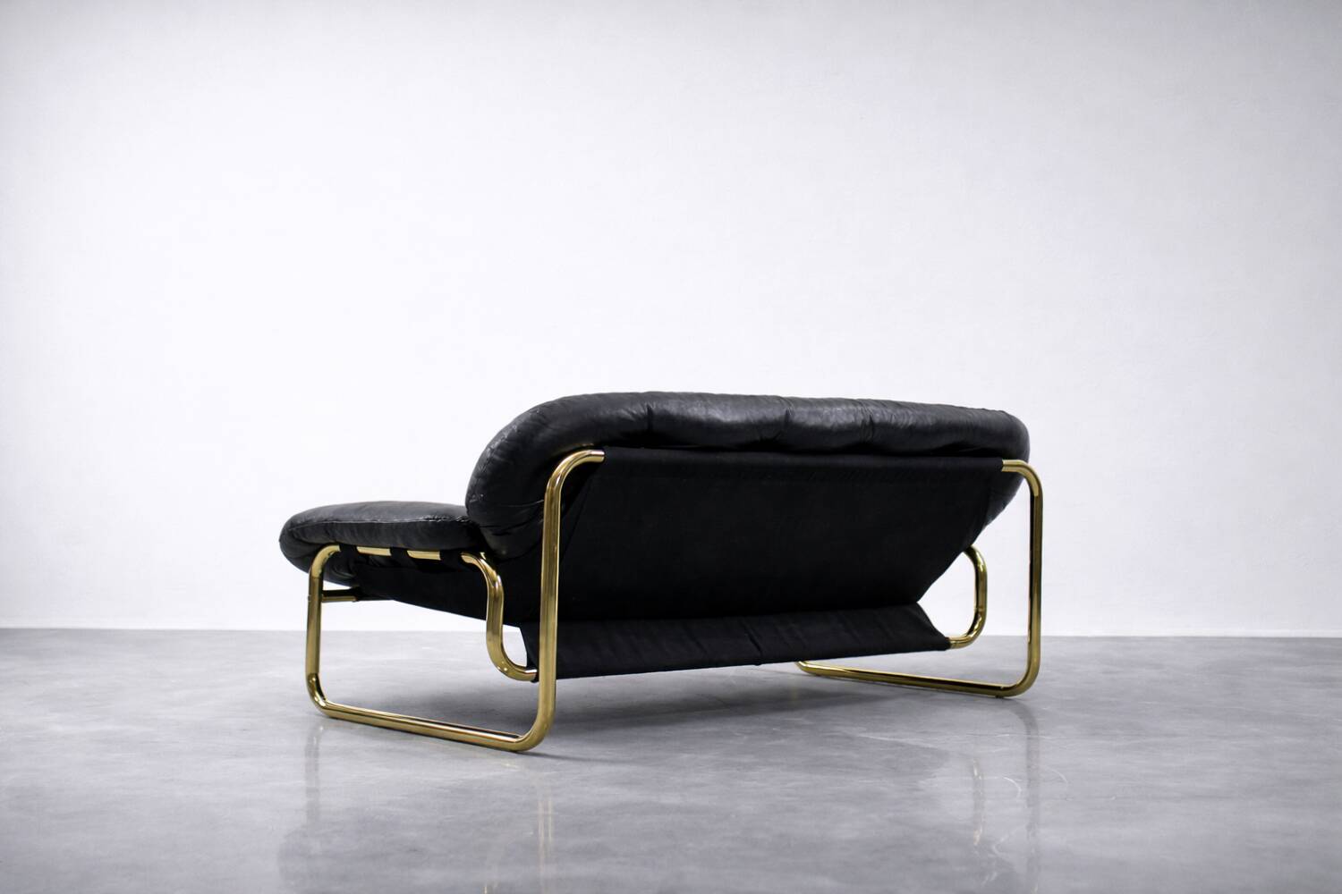 Vintage Mid-Century Scandinavian Modern Glamour Leather Black & Gold Sofa