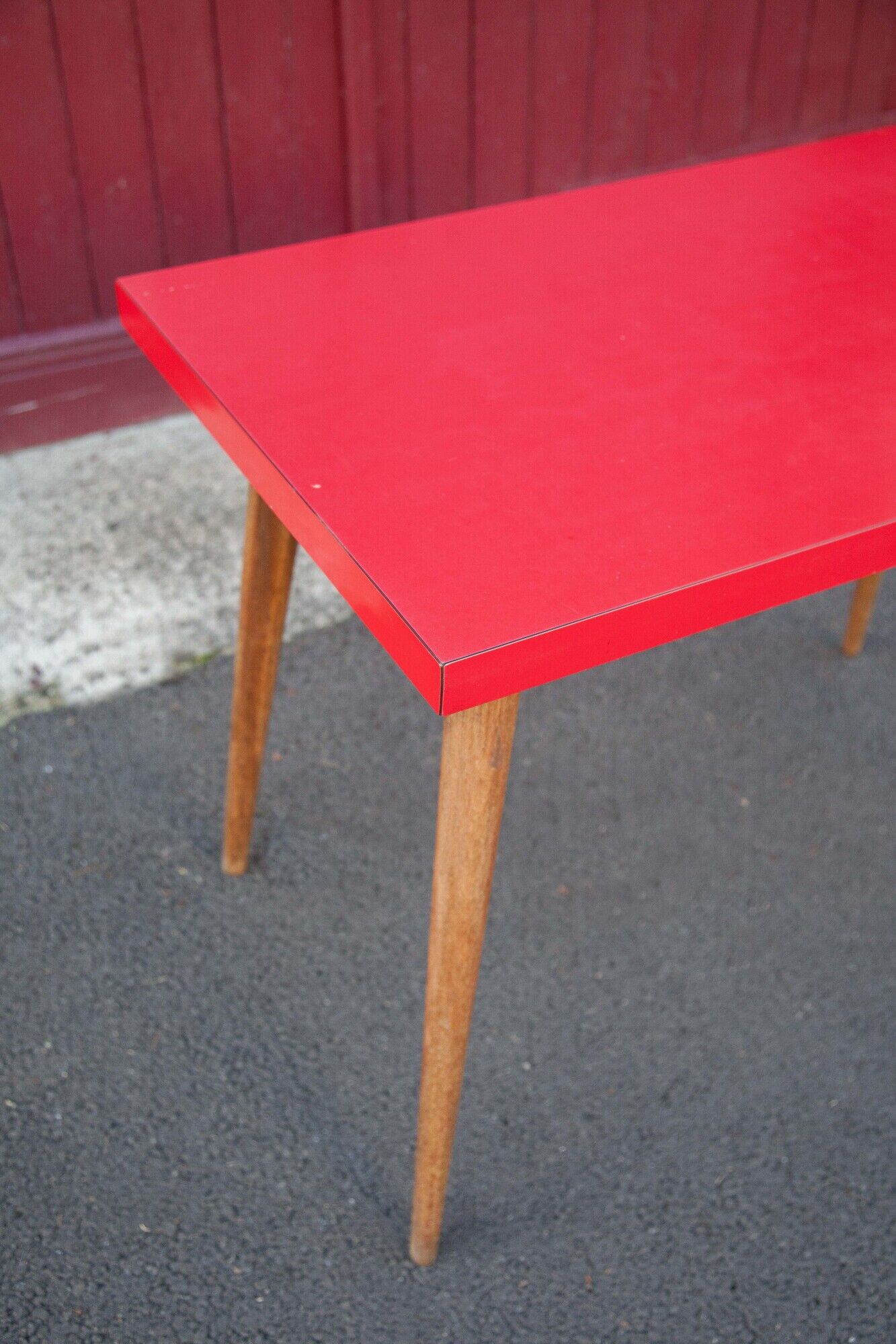 Vintage bistro table wooden table and red formica feet compass, kitchen, countryside