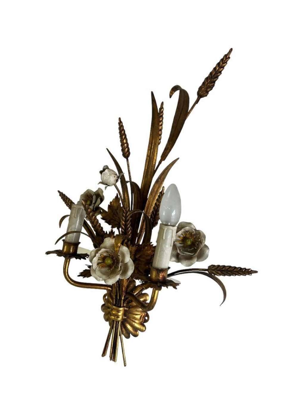 Vintage wheat 'golden' wall light with flowers: french style