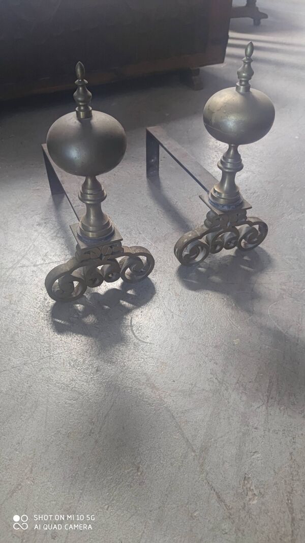 Paire de chenets en bronze et acier XIX Hollande
