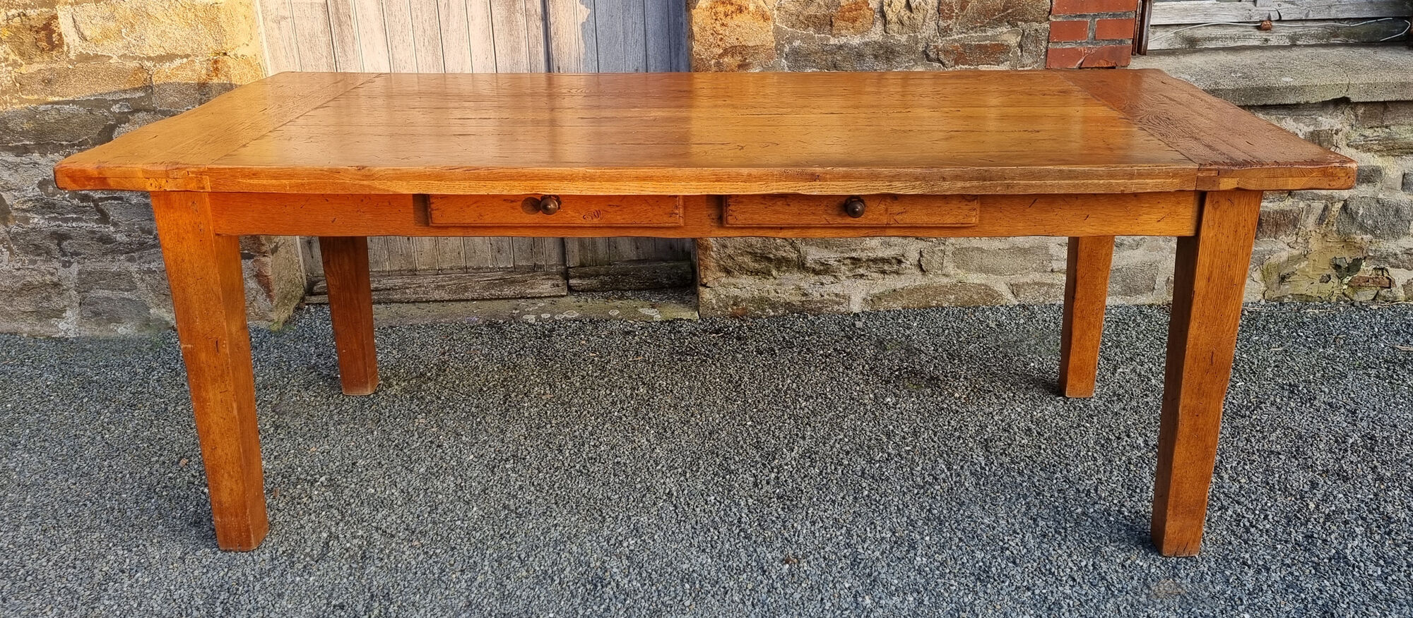 Solid oak farmhouse table, two drawers, vintage, early twentieth century.