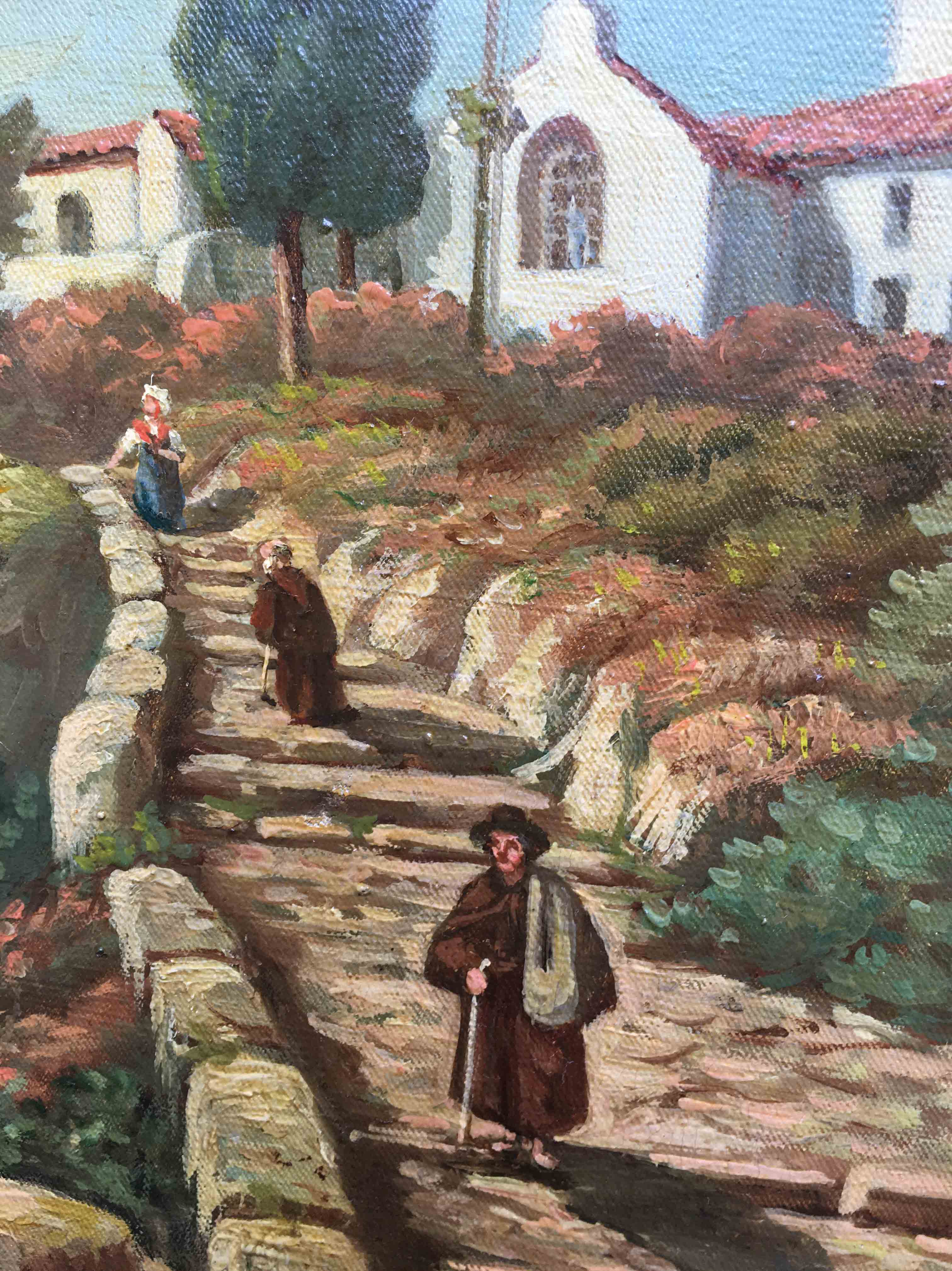 Painting Animated Mediterranean landscape at the monastery 1879 signed F.D.