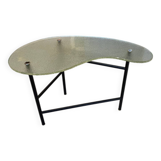 Table basse tripode asymétrique verre granité forme haricot vintage an50