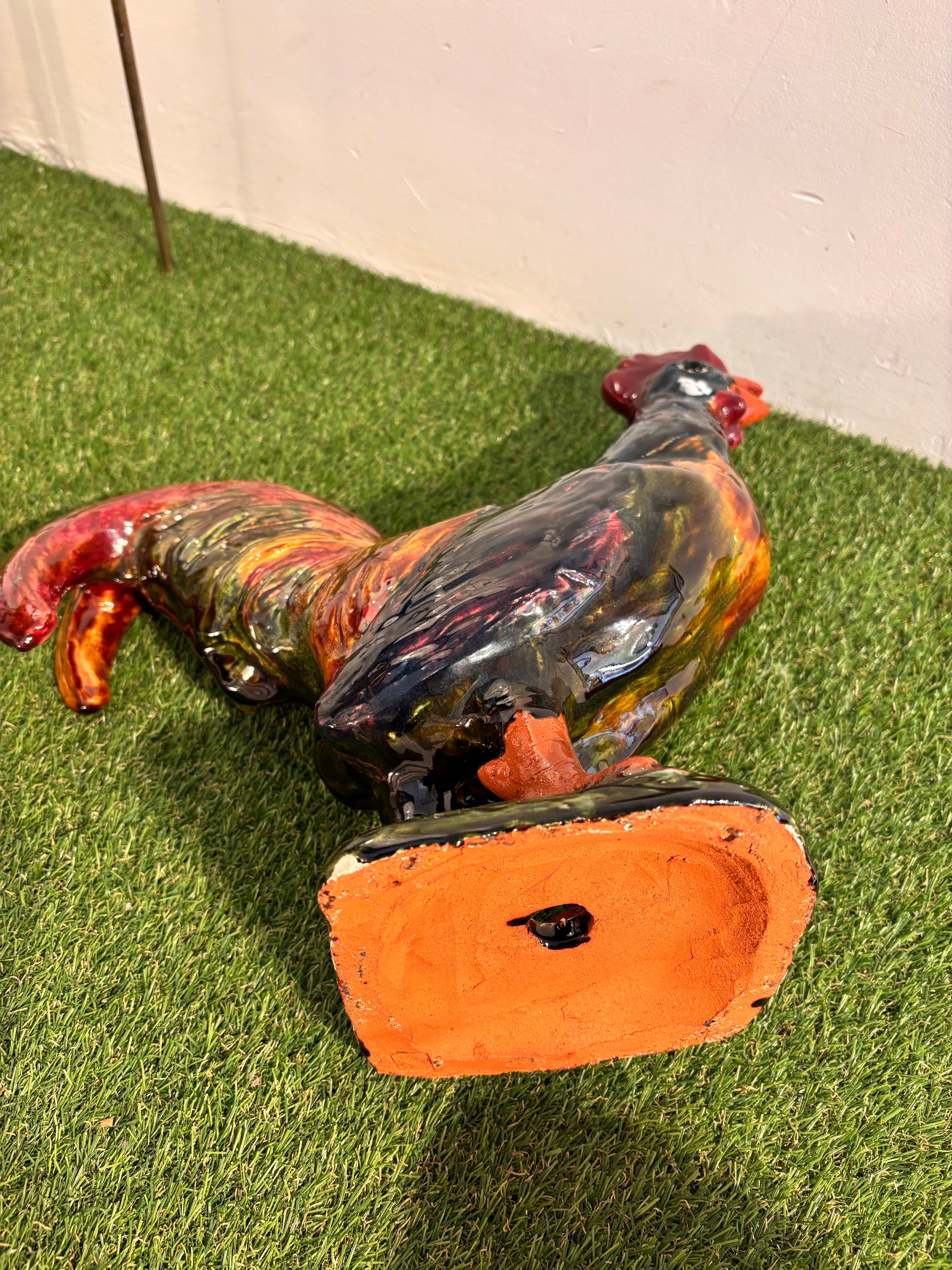 Ceramic sculpture of a rooster from Bavent, glazed terracotta, 1960.