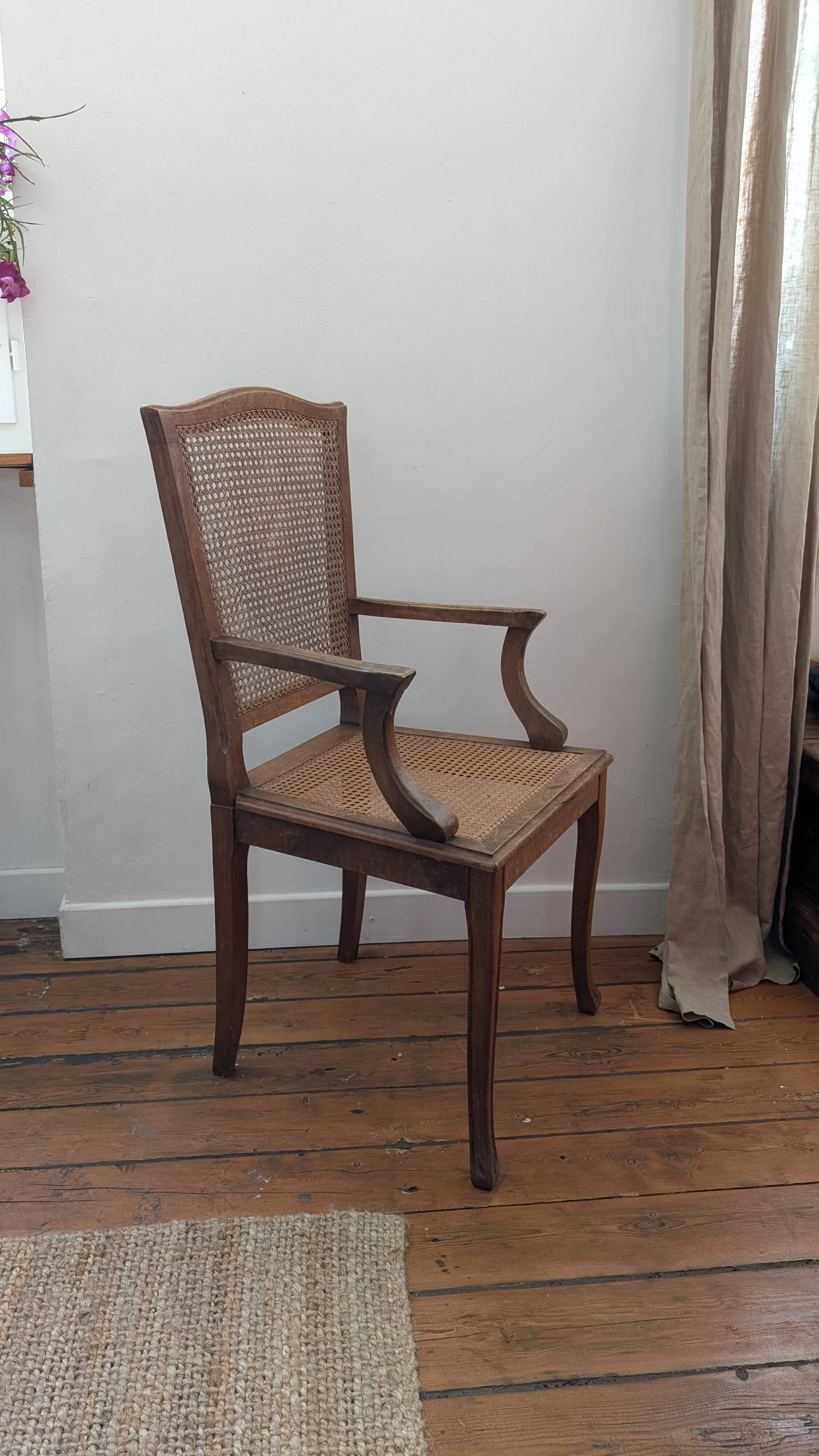 Antique Louis XVI style armchair in wood and caning