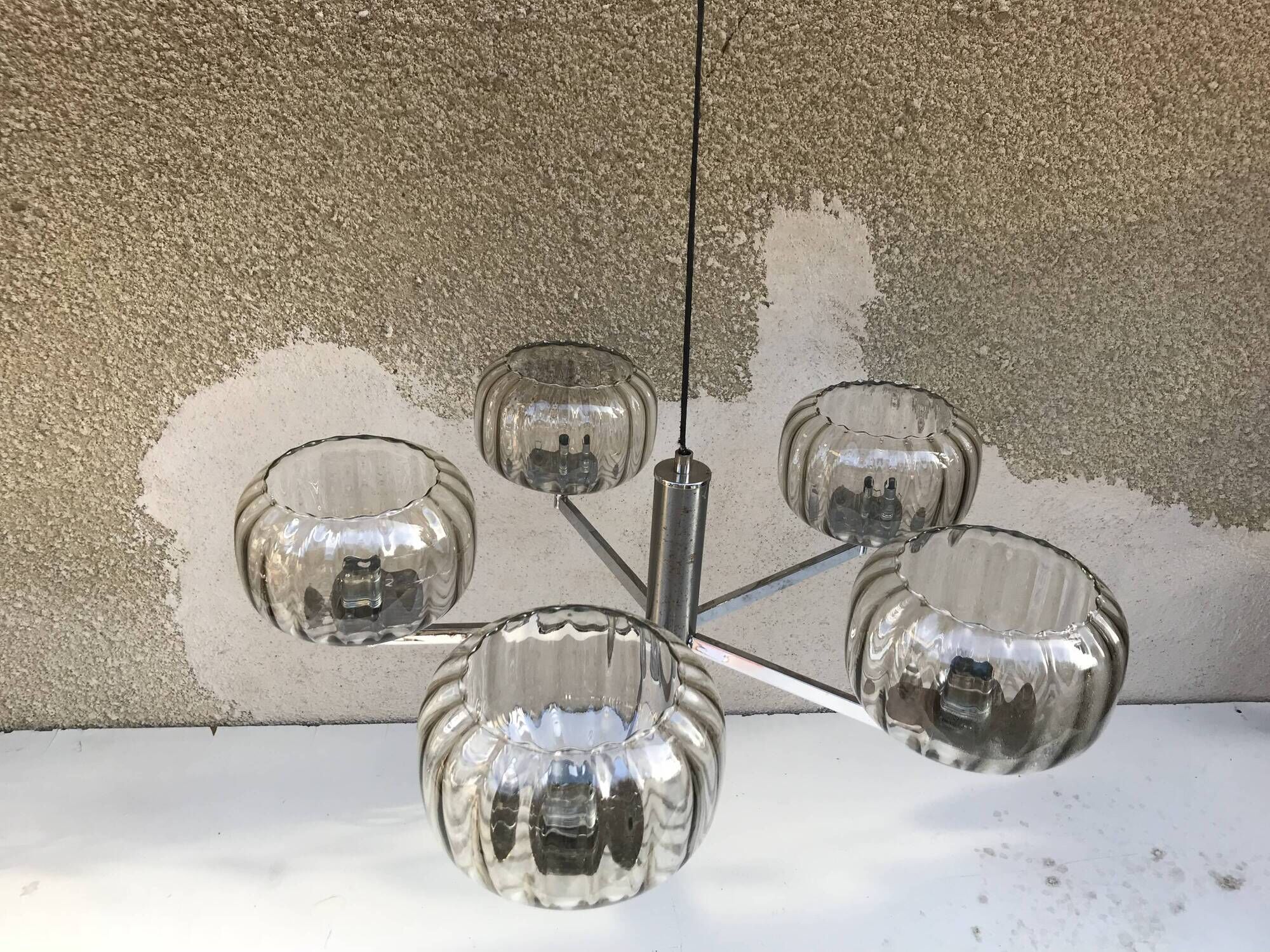 Chandelier 5 arm chromed metal old  70s vintage