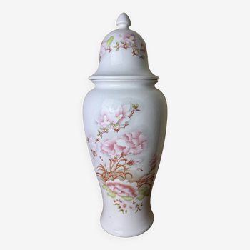 grande potiche couverte Vintage en porcelaine a fond blanc vers 1970