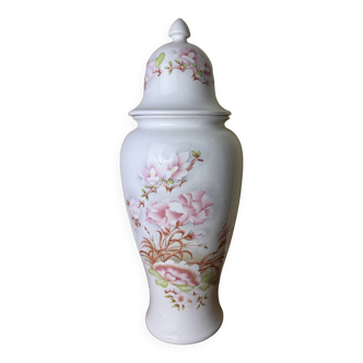 large vintage covered porcelain jar with white background circa 1970
